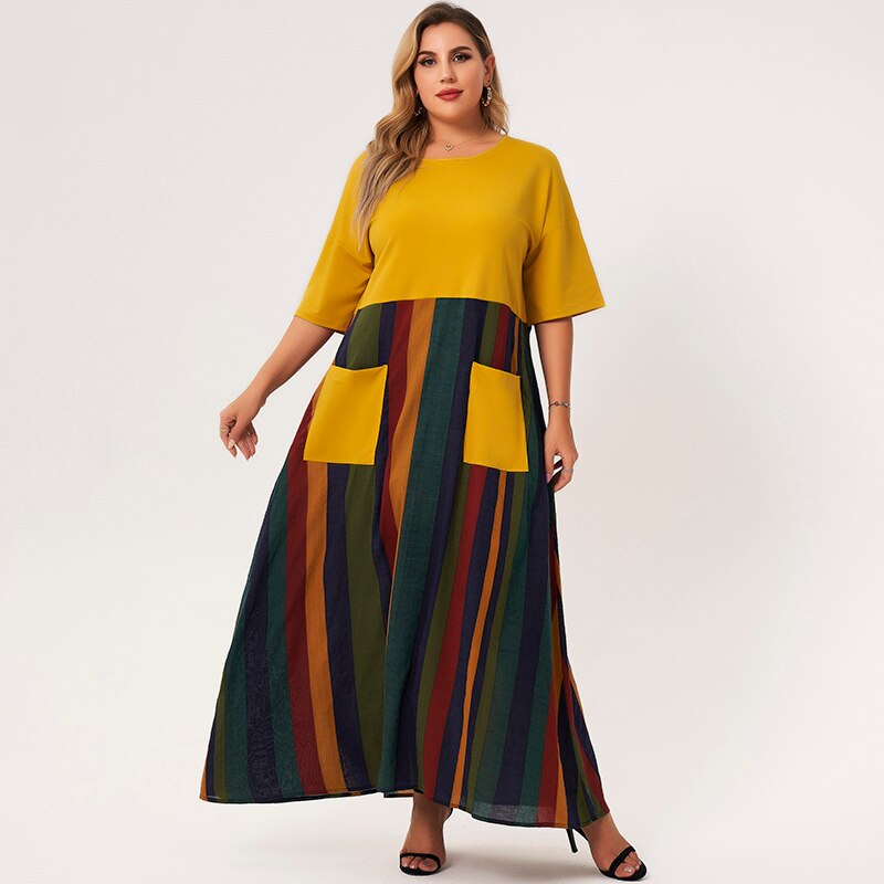 Plus Size Dresses Woman Summer 2021 Yellow Boho O-neck Half Sleeve A-line Pockets Patchwork Contrast Striped Casual Maxi Dress