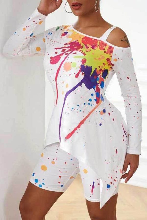 Fashion Casual Ink Splash Print Irregular Long-sleeved T-shirt Shorts Two-piece Suit