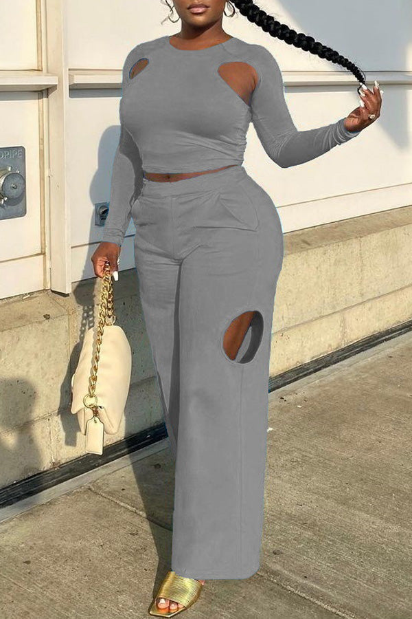 Casual Loose Hollow Long Sleeve T-Shirt Wide Leg Pants Two Piece Set