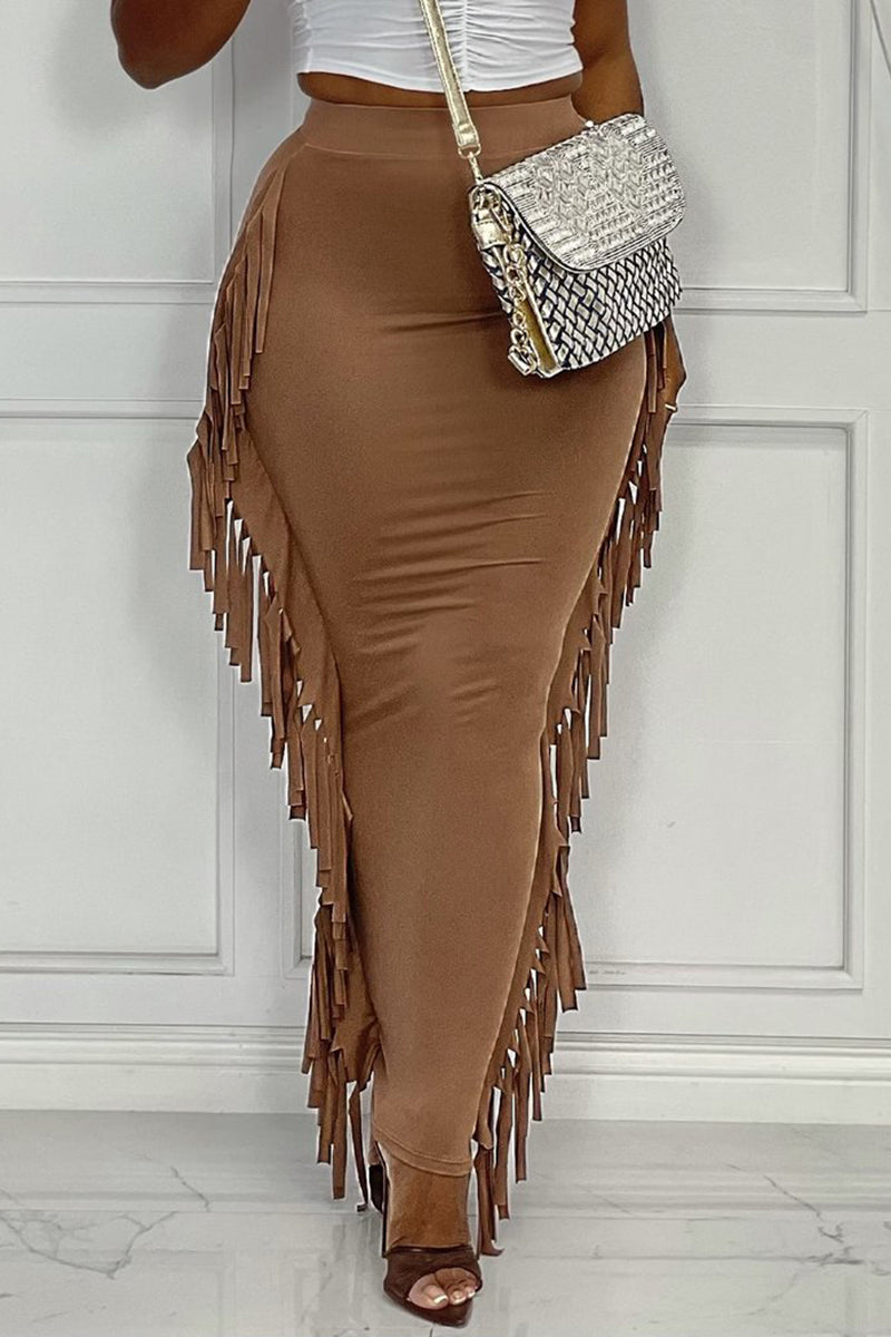 Plus Size Casual Solid Fringed Maxi Skirt